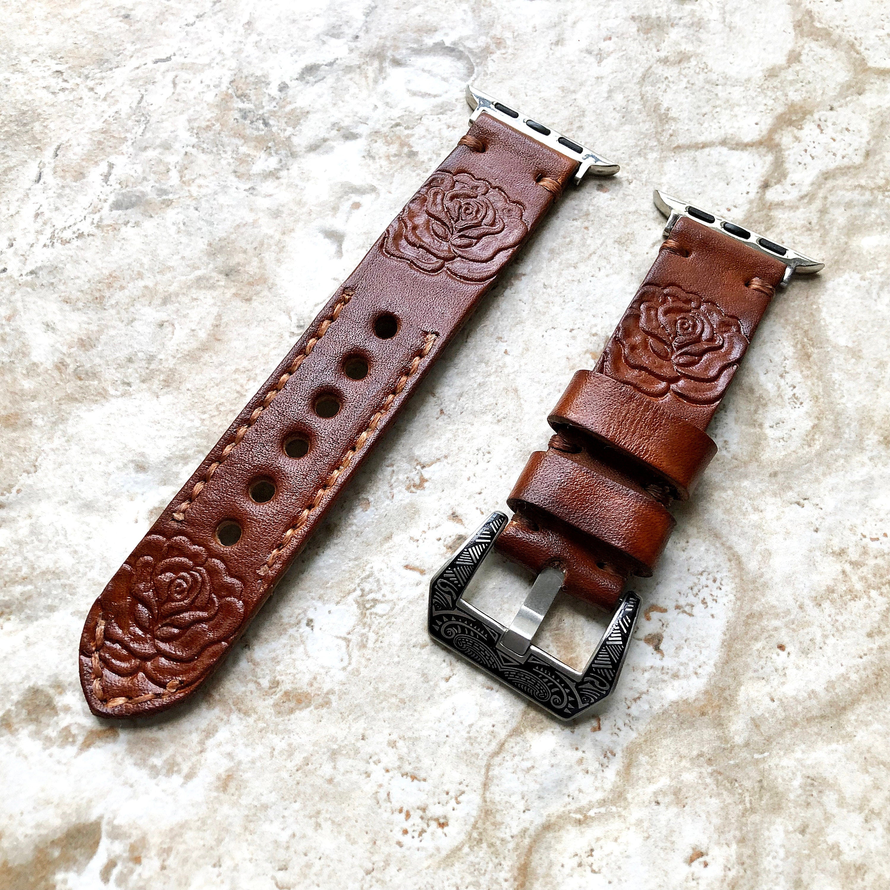 Rose Flower Band 22mm 24mm 25mm Tooled Embossed Genuine Leather Compatible with Apple Watch Fitbit Versa 2 3 4 Sense 2 Ionic Handmade Strap